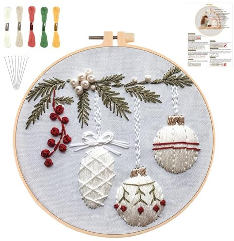 QUANMAITONG Sticken Set Erwachsene,Stickset Weihnachten für Anfänger Embroidery Kit Stickerei, Stick And Poke Stickbilder Stickrahmen DIY, Kreuzstich Weihnachten Deko (Holly-Bauble)