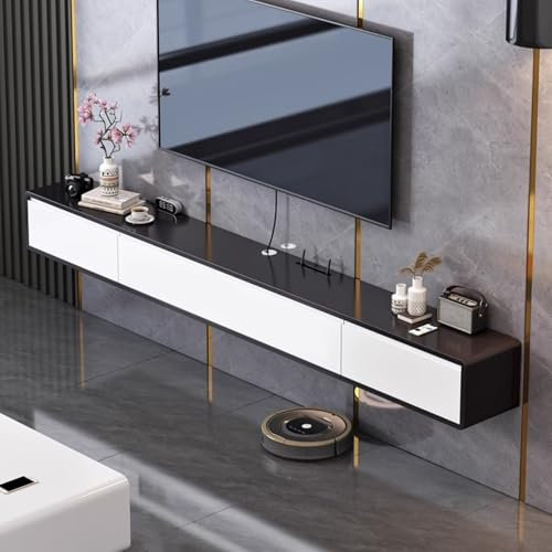 TV Lowboard Hängend Schwarz, 120-200cm Massivholz Moderner TV Schrank Hängend, TV Sideboard Wohnzimmer mit Schubladen, Fernsehschrank Fernsehtisch Hängeschrank,komplett montiert (B, 160CM/63IN)