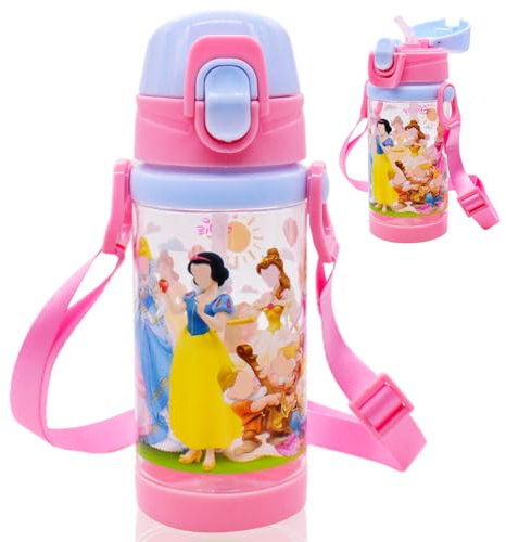 PLNVNVP Gourdes d'eau Enfant Fille Princesse Bouteille d'eau avec Paille Gourdes sans BPA Bouteille Enfant pour l'école, les Sports et la Maternelle, Cadeau Anniversaire Princesse, 450 ML