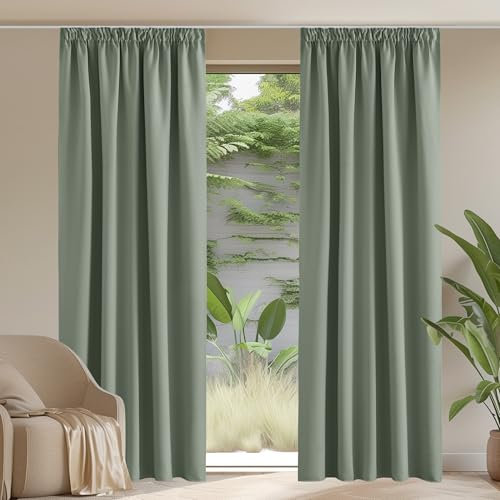 PONY DANCE Rideau Occultant - Rideaux Thermique Isolant Anti Froid, Galon Fronceur Decoration pour Maison Chambre Fille Garçons Porte Fenêtre, L 167 sur H 228 cm, Sauge Vert, Lot de 2