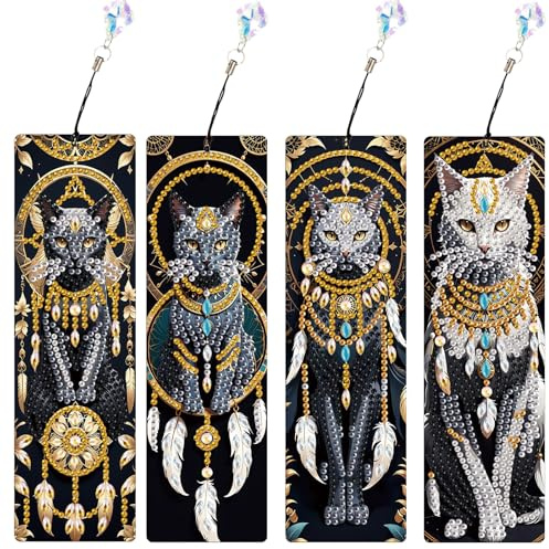 SHEGZHUC 4er Set Diamond Painting Lesezeichen Basteln Schwarze Katze Traumfänger Diamant Painting Lesezeichen Mosaik Diamant Malerei Stickerei Kreuzstich Bilder Kunst Geschenk