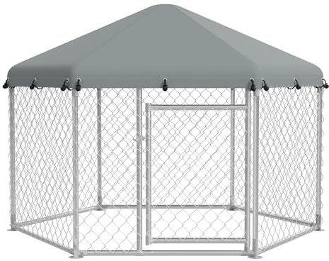 VANCHEMO Hundezwinger Outdoor Freilaufgehege Hundekäfig mit Dach Groß Hundehaus Tierlaufstall Hundebox Verzinkter Hundehütte mit Schloss für Haustierkäfig (Sechseck, 210x185x150cm)