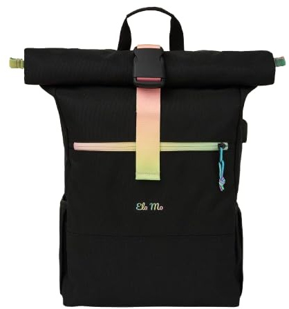 Ela Mo® Rolltop Rucksack Damen - Rollrucksack Anti Diebstahl für Sport & Reisen - Laptoprucksack für Schule, Uni, Business - Mit USB Anschluss & kompaktem Flaschenhalter - Rainbow