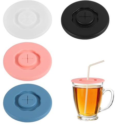4pcs Silicone Lids for Cups, Reusable Drink Protection Covers, Mug Lid Coffee Glass Tea Cup Cover BPA-Free Drink Covers with Straw Hole Airtight Seal Lids for Most Drinking Cups & Glass (4 Colors)