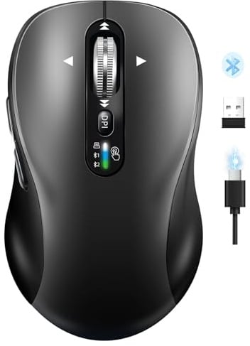 INFINMIND Wireless Bluetooth Mouse,USB+BT×2,Multi Device Ergo Computer Mouses,Metal 4-Way Super wheel,± 3K DPI,9 Buttons,Quiet,Rechargeable,USB Cordless Mice for Laptop,Tablet,Mac,iPad,PC,Phone (Grey)