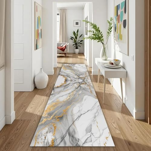 ZLXMN Moderner Marmor Teppich LäUfer füR Bettvorleger 80x300cm rutschfest Flur Teppich LichtbestäNdig Waschbar Gold Weiß Grau LäUfer füR Badezimmer Lange FußMatte Eingang