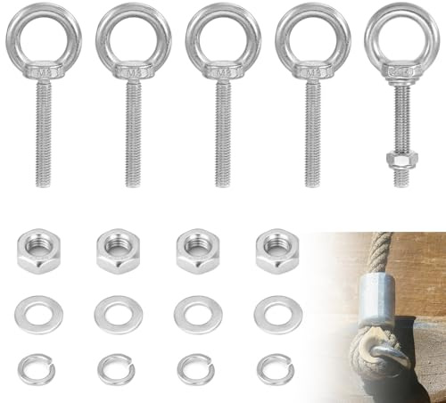 M8 x 80mm Eye Bolt, 6Pcs Lifting Shoulder Ring Eye Bolts with Nuts Washers 304 Stainless Steel Eyebolts for Hanging Hammocks Articles