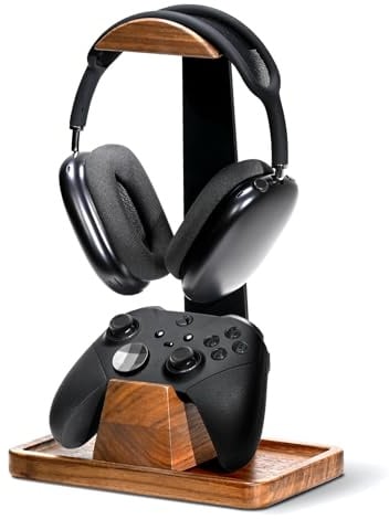 UPERGO Headset Stand with Gaming Controller Holder, Walnut Wood Headphone Stand with Storage Base, Gaming Equipment Accessories for Desk