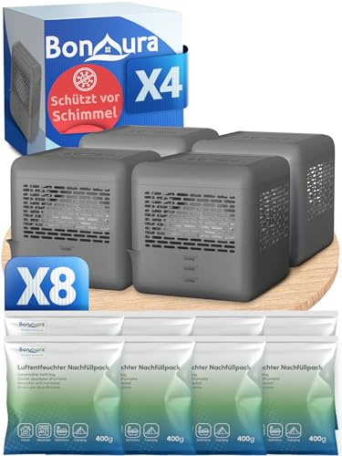 BonAura® 4x Luftentfeuchter ohne Strom + Luftenfeuchter Nachfüllpack - Raumentfeuchter bis 40m² - Entfeuchter und Luftentfeuchter Granulat Set - Schutz vor Schimmel