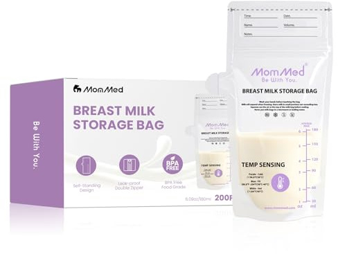 MOMMED 200pcs Breast Milk Storage Bags, 180ml/6oz BPA-Free Breastmilk Bags with Pour Spout, Temp-Sensing Discoloration, Double-Zip Leakproof Freezer Milk Bags, Pre-Sterilised Self-Standing Pouches