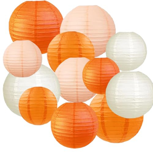 12 Stück Orange Peach Beige Papier Laterne,Runde Papierlaterne für Braut Hochzeitsdekorationen Geburtstagsfeier Gartenparty Deko