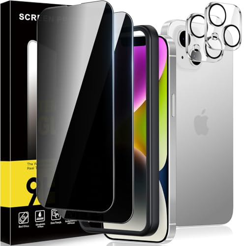 Rainway for iPhone 14 Screen Protector Privacy, 2+2 Pack Anti-Spy Tempered Glass films+Camera Lens Protector, Anti-Glare, Anti-Fingerprint, 9H Tempered Glass Film with Easy Installation Tool