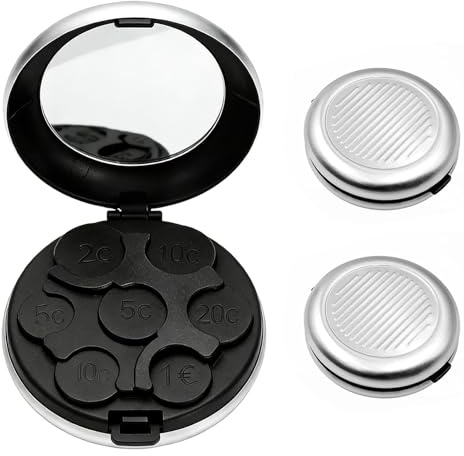 LIULINY 2 Pcs Etui à Pièces en Euros, Monnayeur Pièces Euro avec Miroir | Boîte à Monnaie Portable 7 Compartiments, pour Voyages, Hommes et Femmes, 2 Euros à 2 Cent (Argenté)