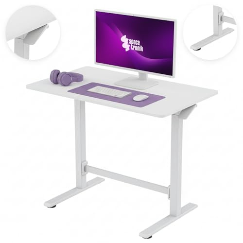Spacetronik Höhenverstellbarer Schreibtisch Manuell 100x60 cm | Gasfeder Pneumatisch, Sitz-Steh-Tisch ohne Strom, Mobiler Laptoptisch mit Rollen, Stehpult 70-115 cm, Weiß