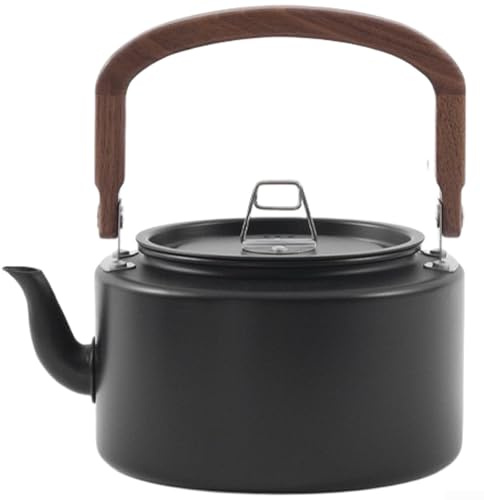 Mini bouilloire de camping en aluminium de 1,2 L, cafetière portable avec poignée en bois massif, théière d'extérieur pour camping, barbecue, randonnée, voyage (noir)