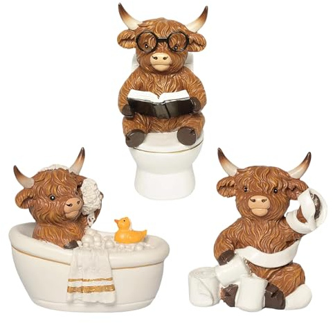 3 Stück Lustige Highland Cow Badezimmer Deko Figuren, Badewanne & Toilette & Toilettenpapier Muster Tierfiguren Set, Deko Badezimmer Modern, Mobile Toilette Figuren für Bad & Gäste WC, Bad Geschenk