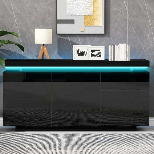 BTM LED Sideboard, 2 Doors & 3 Drawers, High Gloss, For Living Room & Dining Room, Black