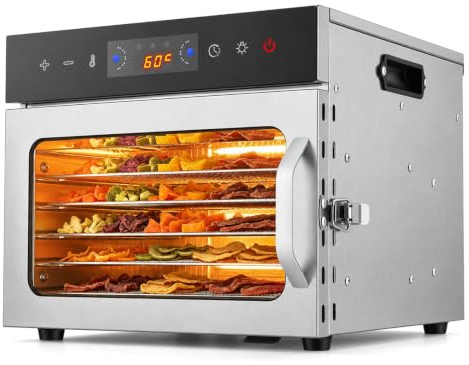 Food Dehydrator Machine – 6 Stainless Steel Trays Electric Dehydrator with Digital Touch Control, 35-90°C & 24H Timer, Powerful Airflow for Beef Jerky, Fruit, Vegetables, Herbs – Drip Tray Included