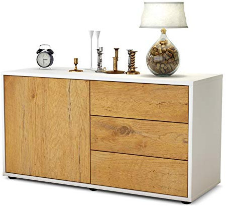 Stil.Zeit TV Schrank Lowboard Alessandra, Korpus Weiss matt, Front Holz Design Eiche (92x49x35cm), Push to Open Technik & Leichtlaufschienen