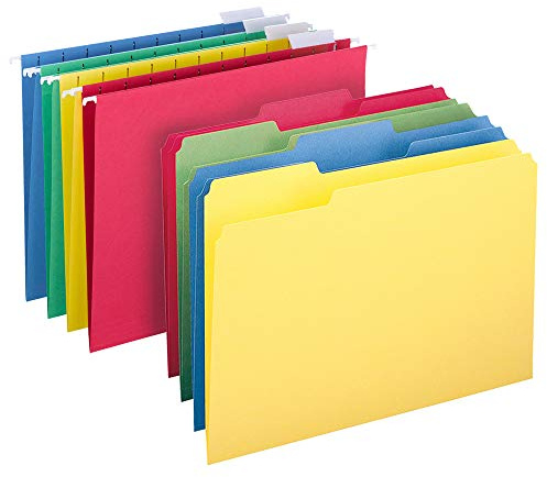 Smead Hängemappen-Set, Briefgröße, 24 Hängeregister und 24 Aktenordner (Rot, Gelb, Blau, Grün) | Enthält auch 24 Manila-Ordner, 1/3-geschnittene obere Registerkarte in Rot, Gelb, Blau und Grün – ein komplettes Starter-Set.