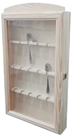 Greca Vitrine collection cuillères. Capacité : 18 cuillères. En bois de pin brut. Peut être peint. Dimensions (largeur x profondeur x hauteur) : 30 x 6,5 x 54 cm.