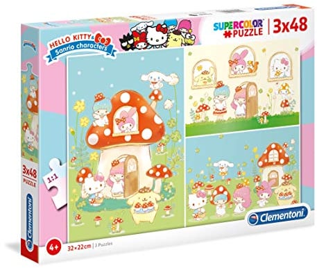 Clementoni 25246 Supercolor Hello Kitty – Puzzle 3 x 48 Teile ab 4 Jahren, buntes Kinderpuzzle mit besonderer Leuchtkraft & Farbintensität, Geschicklichkeitsspiel für Kinder
