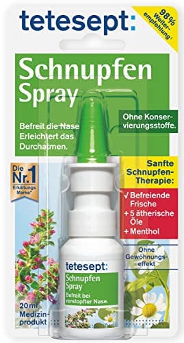 tetesept Schnupfen Spray – Nasenspray mit 5 ätherischen Ölen bei Erkältung - befreit die Nase, erleichtert das Durchatmen und befeuchtet die Nasenschleimhaut, 1 x 20 ml
