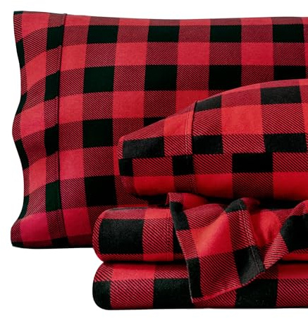 Bare Home Flannel Sheet Set Prints, 100% Cotton, Velvety Soft Heavyweight - Christmas Holiday Sheets - Double Brushed Flannel - Extra Softness, Comfort - Deep Pocket (Queen, Buffalo Plaid - Red/Black)