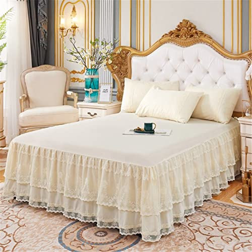 DZYP Bettrock Tagesdecke Mit Rüschen, Spitze Bett Röcke Rüschen-Betttuch Bettüberwurf Bettwäsche Bettvolant Matratzenbezug Dekoration Für Schlafzimmer (Creme,200x220cm)