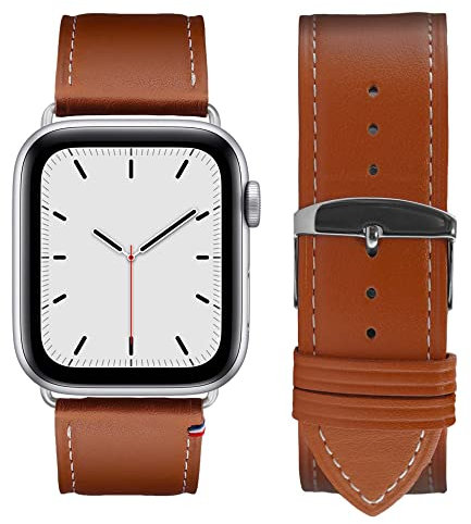Eternel - Simple tour Bracelet iconique - Compatible toutes Apple Watch - 45/46mm - Fait main en France - Tannage végétal - Gold - Adaptateurs aluminium argent
