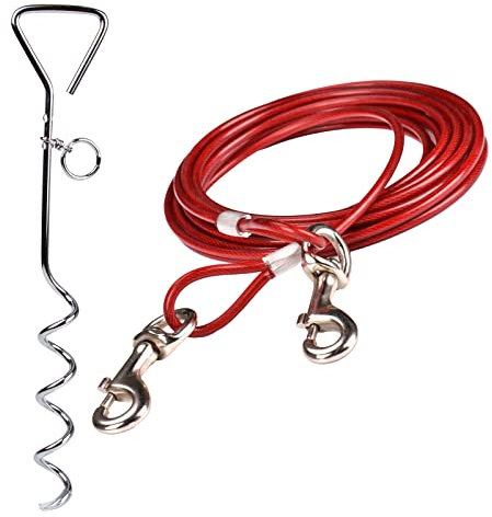 10ft(3M) Dog Tie Out Cable with 18 Spiral Ground Stake Spike - Out for Outdoor Yard and Camping - Small to Medium Dogs (Red, 10ft(3M) cable, 18 stake)