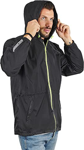 PERLETTI Regenjacke Herren für Hohe Sichtbarkeit - Reflektierende Regenponcho Windbreaker Trainingsjacke für Männer - Wasserdichte Rain Jacket mit Etui - Anorak für Freizeit (L, Schwarz)