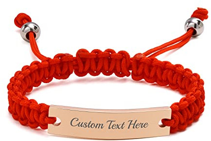 FLHEART Personalised Bracelet for Men : Handmade Braided Custom Engrave Kabbalah Red String Knot Macrame ID Bracelet Wristband for Him, Good Luck Gift for Women Girl,Red