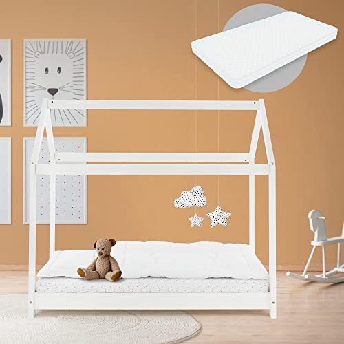 ML-Design Kinderbett 70x140 cm Weiß mit Matratze, Dach und Lattenrost, Hausbett für Mädchen und Jungen, Kinderhaus aus Kiefernholz, Bodenbett Jugendbett, Kinder Bett, Bettenhaus Spielbett Holzbett