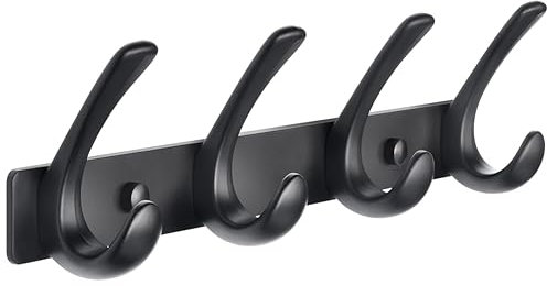BOOKARROW Coat Hook Wall Mounted Matt Black - Heavy Duty Solid Aluminum Wall Coat Rack - Screws Fixed Wall Hanger Hooks for Hat Towel Bag Robes Purses 610B-4