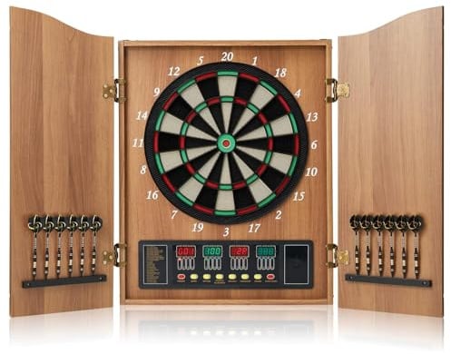 Hanbramo Electronic Dart Board Cabinet Set, 12 Soft Tip Darts, Electric Dart Boards for Adults, Digital Dart Board with Integrated Scoreboard for Family Game Rooms (Wood)