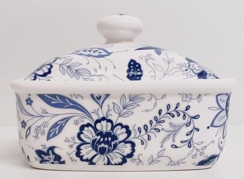 Blue Persia Beurrier en porcelaine fine avec couvercle décoré à la main Motif floral Bleu oriental