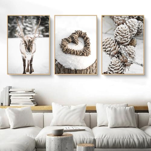 Martin Kench 3er Premium Poster Set, Modern Winterburg-Elch-Schnee-Szene Bilder, Print Kunstposter, Wandbilder für Wohnzimmer Schlafzimmer,Ohne Rahmen