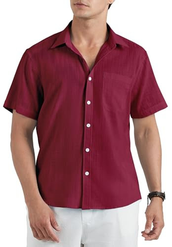 HISDERN Men's Linen Shirts Casual Short Sleeve Shirt for Men Adult Summer Beach Button Down Shirt with Pocket Regular Fit 2XL Burgundy
