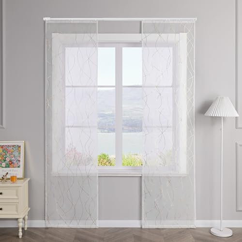 SCHOAL Schiebegardinen mit Klettband 2er Set Gardinenschal Transparente Schiebevorhang Leinenoptik Fensterschal mit Wellen Muster BxH 57x145cm Gold