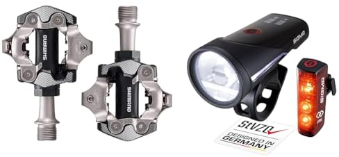 SHIMANO XT PD-M8100 Fahrradpedal, Silber/schwarz, Einheitsgröße, Mountainbike & Sigma Sport - Aura 100 / Blaze LINK Set | Fahrradbeleuchtung vorne und hinten