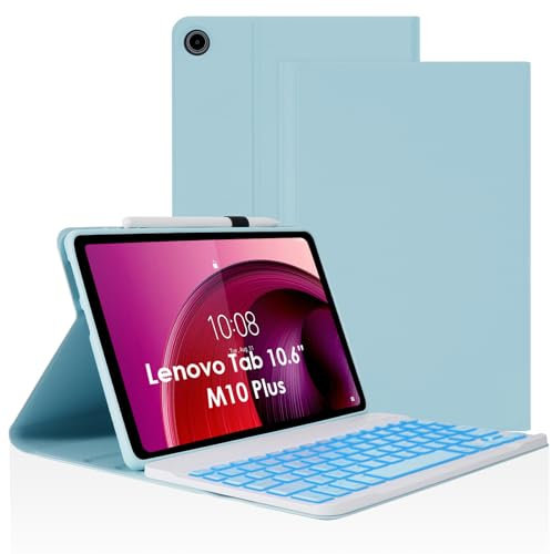 LAMA Custodia con Tastiera Retroilluminata per Lenovo Tab M10 Plus 3a Gen (2022) 10,6, Custodia Protettiva in Pelle PU con Tastiera e Portapenna per Lenovo Tab M10 Plus (TB125FU/TB128FU/TB128XU)