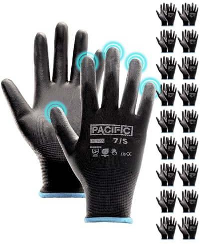 PACIFIC 18 Paare Schwarz Sicherheits-Arbeitshandschuhe – Rutschfeste PU-Beschichtung, Leicht & Atmungsaktive, Ideal für Allgemeine Arbeiten, Gartenarbeit, Arbeitshandschuhe Herren & Damen gr 7/S