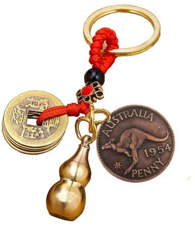 Porte-clés porte-bonheur de luxe avec pièces de kangourou australien de 1954 ; porte-clés pour couple pour bénédiction de richesse ; cadeaux d'encouragement inspirants, bronze, taille unique