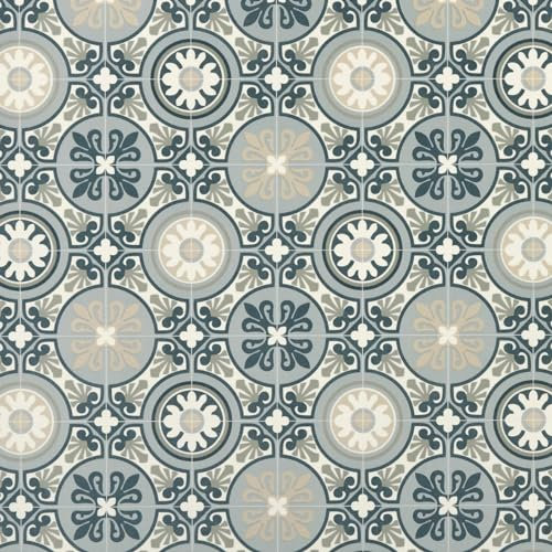 Moroccan Tile Design Felt Back Vinyl Flooring Sheet Blue Grey & Beige Patterned Non Slip Lino Conservatory Kitchen Bathroom Floor (Tangier 07, Sample)