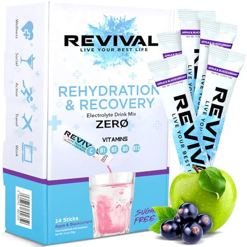 Revival Zero Rehydration Electrolytes Powder - Sugar Free Hydration Sachet Drink with Vitamins C, B1, B3, B5, B12-28 Pack Apple & Blackcurrant