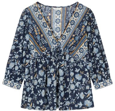 Springfield Camiseta de Cuello de Pico con Estampado Boho y Cordones Spaguetti Blusa Mix, Azul Marítimo, L para Mujer