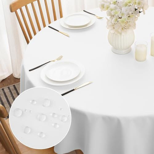 Softalker Abwischbare Tischdecke Rund 240 cm Weiß Outdoor Tischdecken Abwaschbare Wasserabweisend und Fleckschutz Tischtuch Tischwäsche aus 210 GSM Polyester Gartentischdecke für Draußen Geburtstag