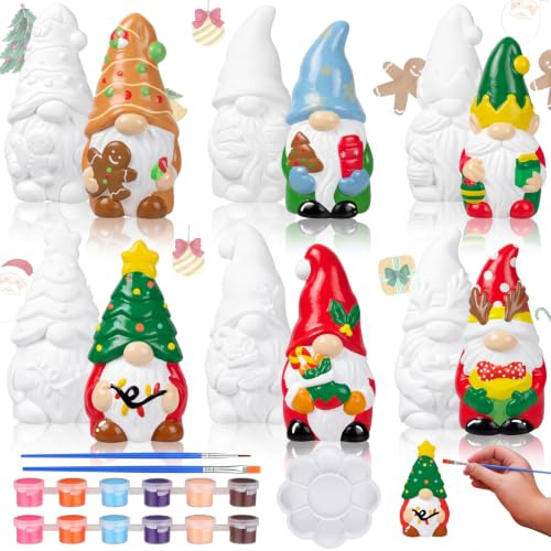 Eersida 6 Sets Christmas Gnome Ceramics to Paint Xmas Ready to Paint Your Own Ceramic Gnome Statues DIY Unpainted Ceramics Paintable Figurines Kit Crafts with Brush Palette