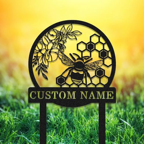 Bee Metal Sign Custom,Personalized Last Name Sign Garden with Stake Decor,Customized Flowerbed Metal Decor Gifts for Beekeeper,Flower Welcome Signs for Garden Outdoor Patio Backyard Lawn Outside Decor